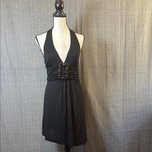 Lush Black Halter Dress with Buckle Accent